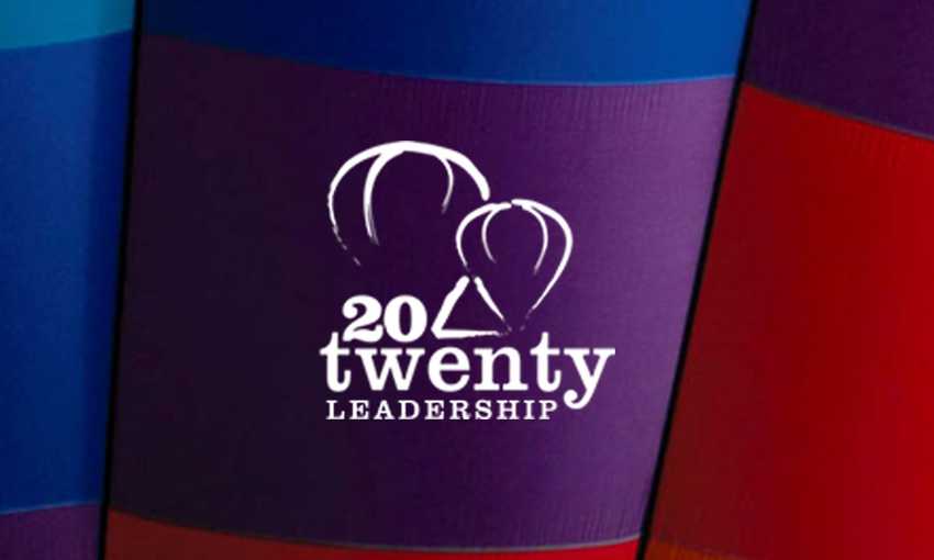 The Twenty Twenty Leadership logo displayed prominently against a vibrant, colorful background.