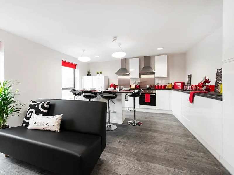 A view of a shared living and kitchen room with red decor