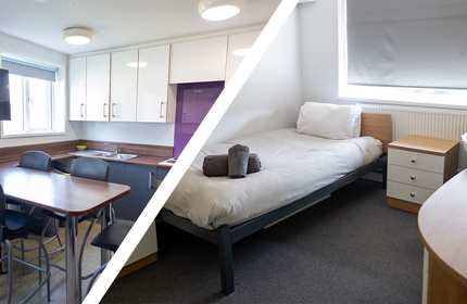 Split images of a room featuring a bed, desk, and chair, and kitchen at Cyncoed Campus.