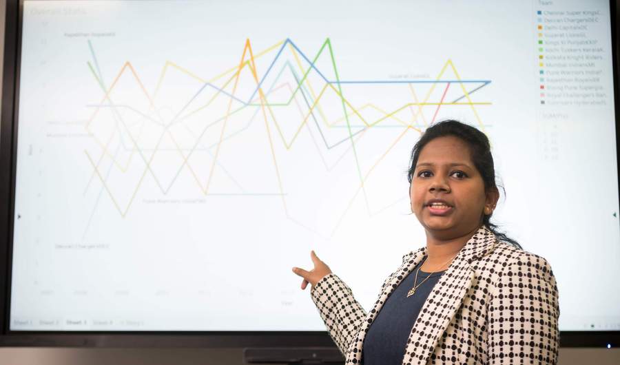 A person points to line charts on a large screen.