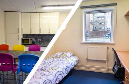 Split image of a room featuring a bed, desk, and chair, and shared kitchen at Plas Gwyn.