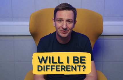 A man sits on a yellow chair with the text 'Will I be different?' in front of them