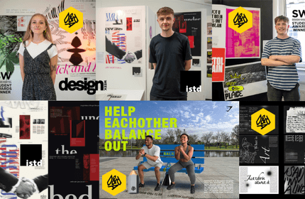 A collage of graphic communications students standing in front of their work and achievements