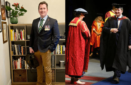 Two photos show men in graduation robes, while a third features a man in a suit, highlighting different formal occasions.